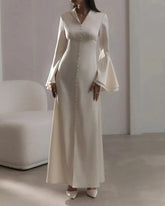 V-neck Long Sleeve Satin Cloth Evening Dresses Special Occasion Formal Dress Wedding Party Dress Luxury Prom Dress